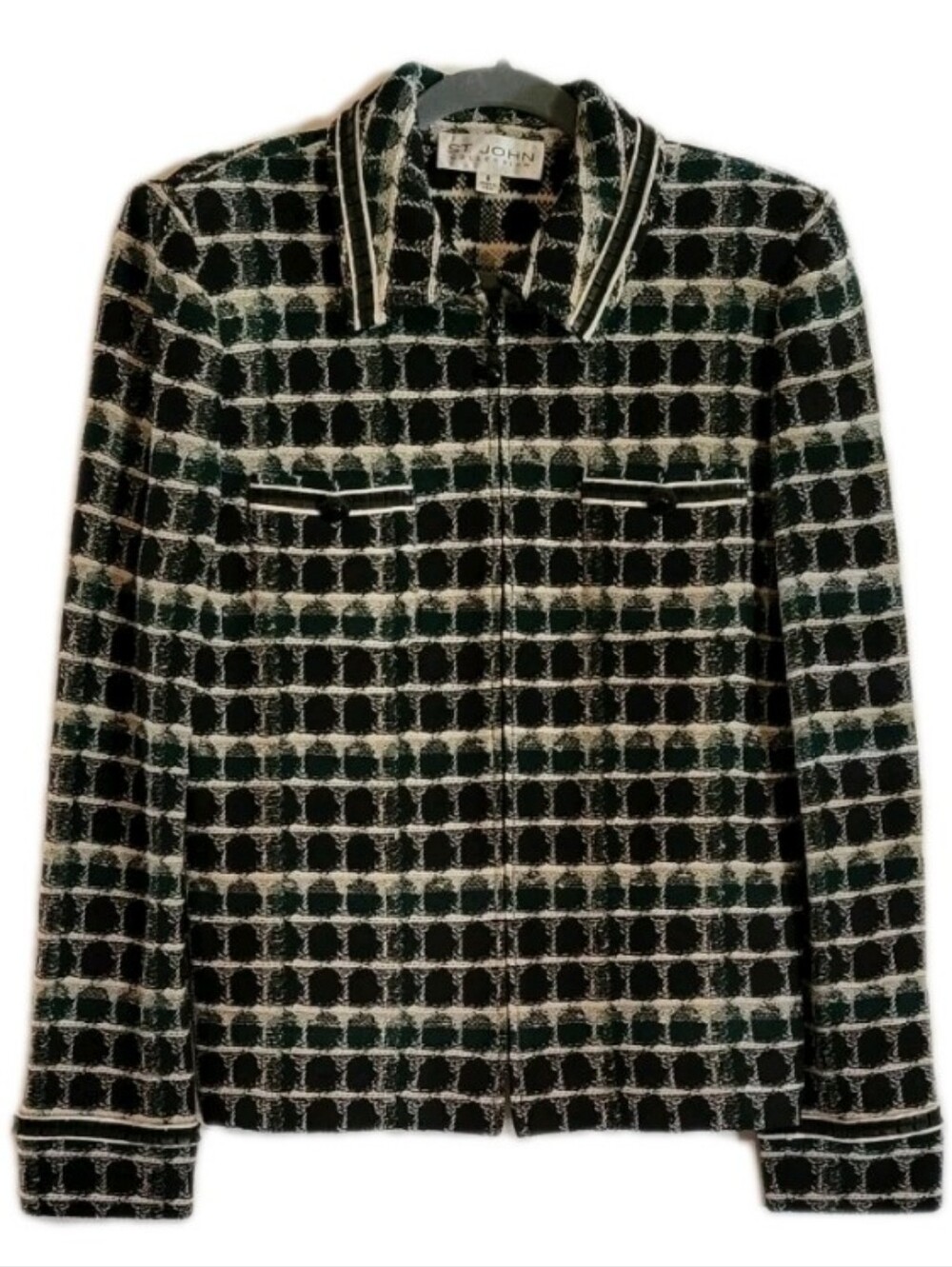 St John Collection Tweed Black Green Circular Plaid Blazer Jacket Full Zip Front